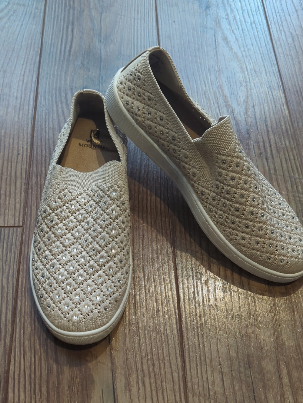 White Mountain Slip-On Knit Sneakers with Rhinestone Detail - Beige